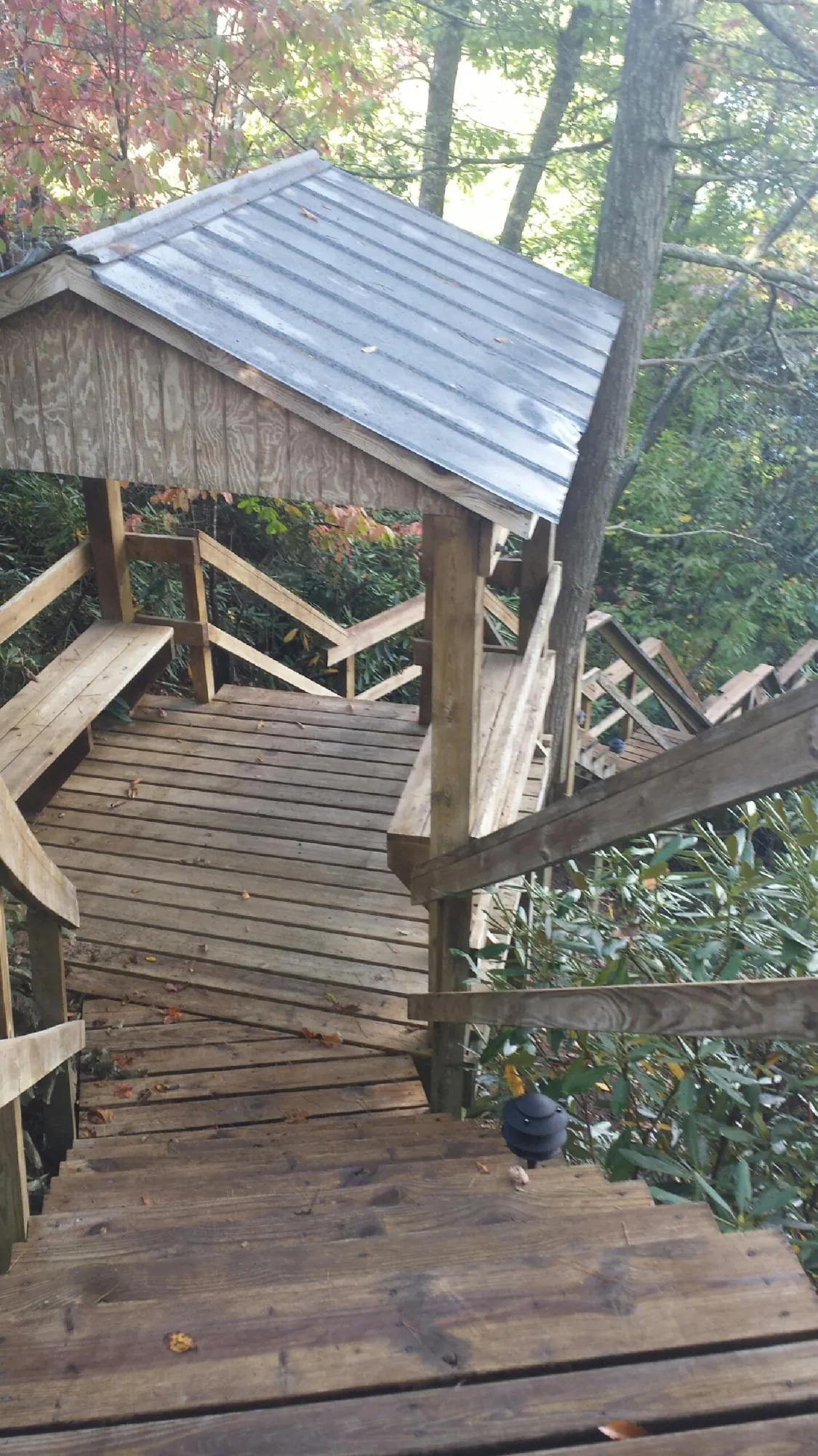 Metal roofed shelter over wooden steps on a wooded walkway — Skylight Repair & Installation work by our crew in Desmet